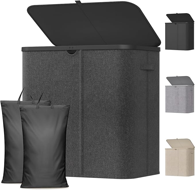 Lifewit 145L Large Laundry Basket with Lid, Laundry Hamper with Plastic Handles and Removable Bag, Foldable Tall Dirty Clothes Hampers for Laundry for Laundry Room, Bedroom, Bathroom, Dorm, Dark Gray