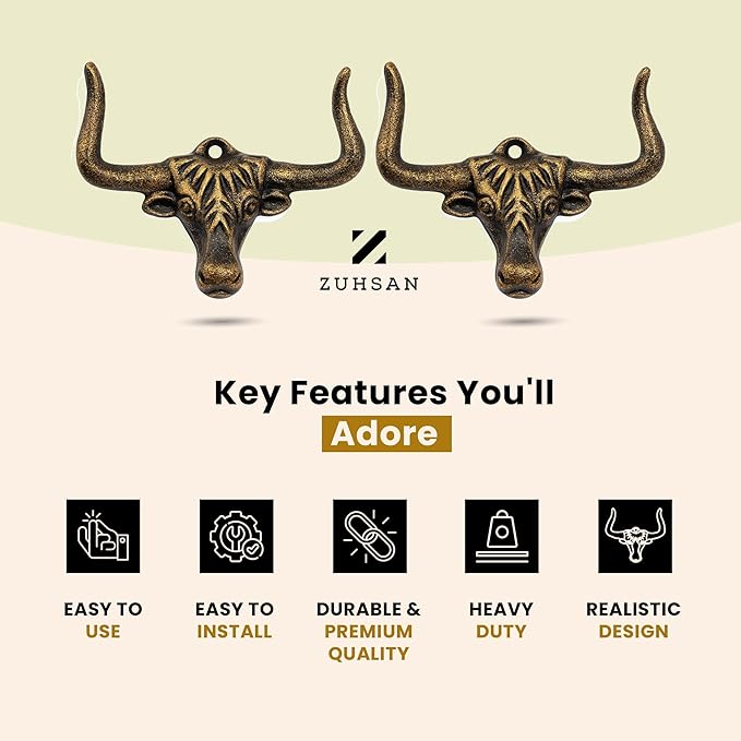 Cowboy Hat Rack for Wall - 4 Pack Cast Iron Cowboy Hat Holder,Hat Storage Organizer Hat Hooks for Wall Western Decor for Bedroom Western Gifts (Gold, 4 Pack)