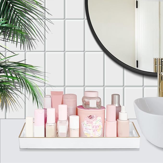 MAONAME White Vanity Tray, Plastic Decorative Tray, Rectangular Trays with Handles, Narrow Bathroom Trays for Toilet Tank, 13.8" X 6" X 1.57"