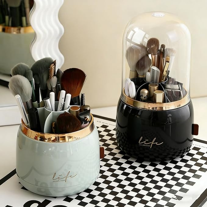 360 Rotating Makeup Brush Holder with Lid,Clear Dustproof Make Up Organizers for Vanity Countertop,Includes a Foldable Bowl for Cleaning Makeup Brush,Transparent, Dustproof -Black