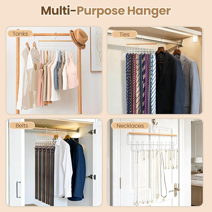 2PCS Tie Rack Hanger for Closet Upgraded 2-in-1 Tie and Belt Hanger Non Slip Tie Rack with 20 Hooks Tie Hanger Space Saving Wooden Belt Tie Organizer for Tank Tops Bras Cami Scarves, Wooden