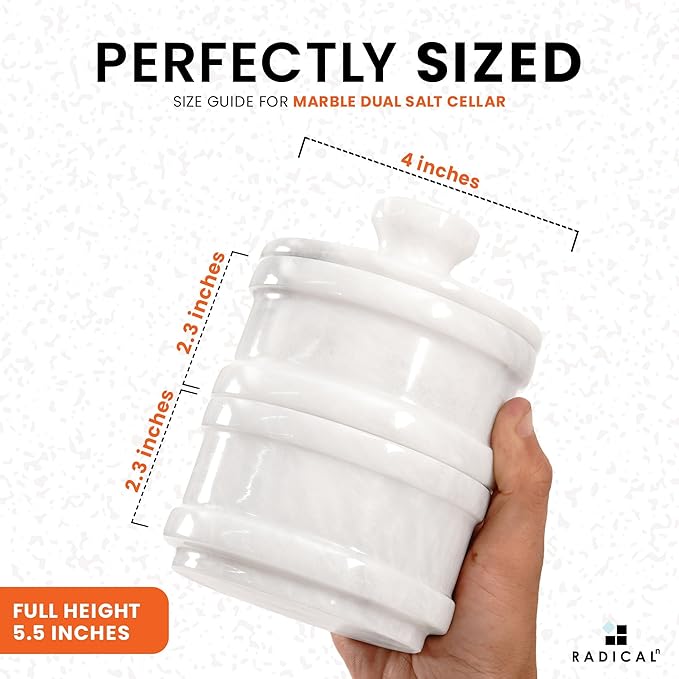Radicaln Handmade Marble White 5.5” Dual Salt Cellar & Brown Sugar Keeper – 2.3” Each Herb Jar Salt Dish Kitchen Accesorries – Ideal For Jewelry, Butter, Sugar & Home Décor