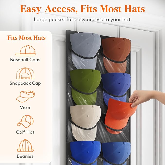 Lifewit Over The Door Hat Organizer for Baseball Caps, 18 Clear Deep Pockets Hat Rack Stand with 2 Hooks, Hanging Hat Storage, Cap Holder Hat Hanger for Protection and Display, 1 Pack