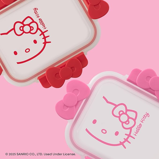 JoyJolt Sanrio Hello Kitty Fluted Glass Food Storage Containers with Lids, 2x Airtight Glass Storage Containers with Lids for Kitchen, Reusable Lunch Meal Prep Container, Cute Hello Kitty Gifts