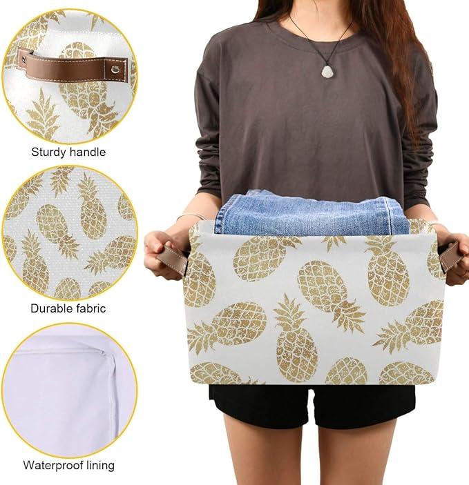 Large Storage Basket Bin Pineapple Pattern Storage Cube Box Foldable Canvas Fabric Collapsible Organizer with Handles for Home Office Closet