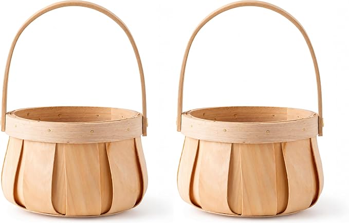 Vintiquewise Small Round Natural Woodchip Wooden Decorative Storage Basket with Handle (Pack of 2)