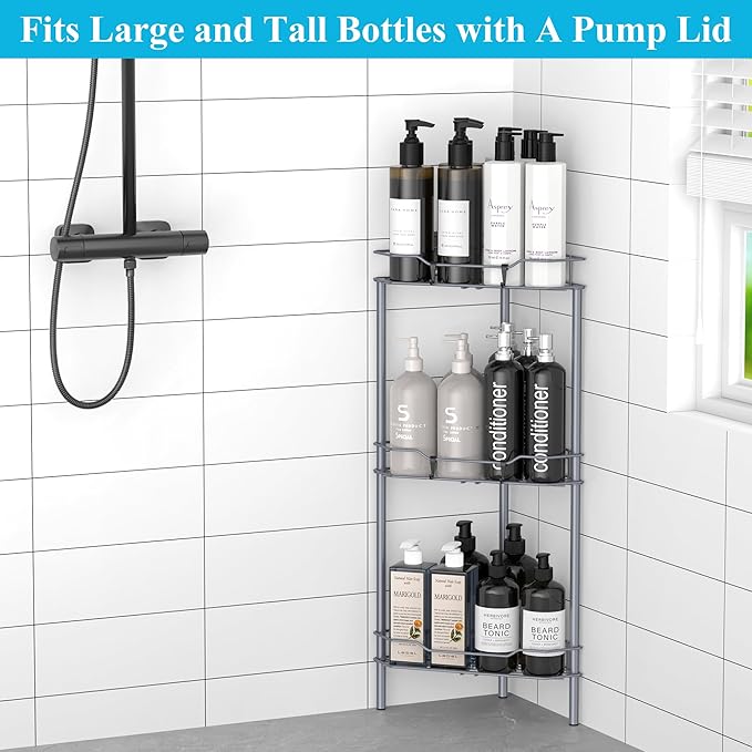 HuggieGems 3 Tier Floor Standing Corner Shower Caddy Organizer Shelf with Hooks, Bathroom Shelves Stand Rack, Dark Gray