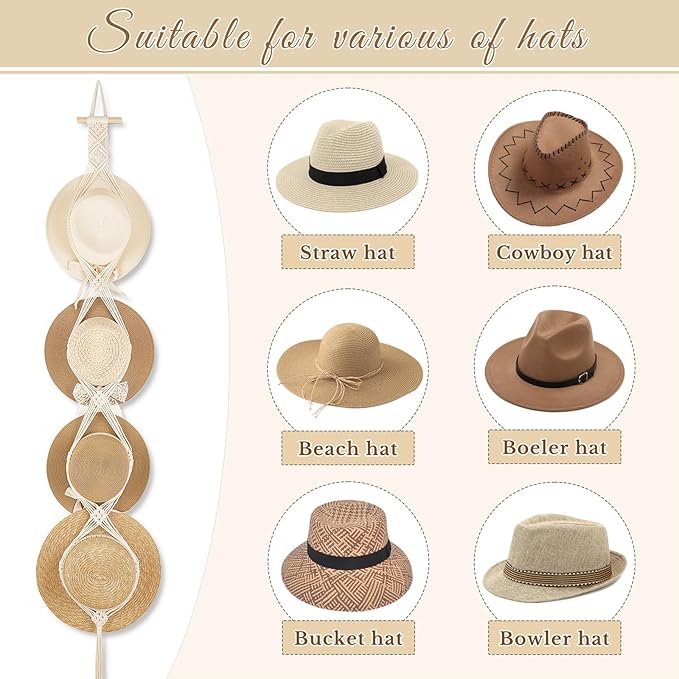Dahey Macrame Hat Hangers Hat Rack for Wall Cowboy Hat Organizer Hanging Display Hand Weaving Bobo Hat Holder Western Decor for Wide Brim Hats Bowler Fedora Hats, 4 Hat Style