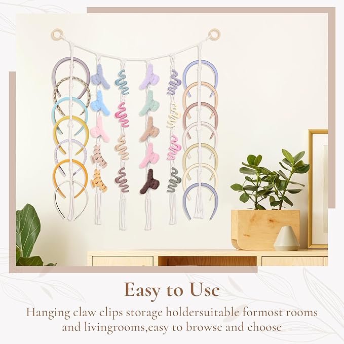 SNOWSTAR Macrame Hair Claw Clip Organizer,Hanging Headband Holder and Storage for Women Girls,Headbands Organizer Hanger Home Decor for Wall,Door,Close