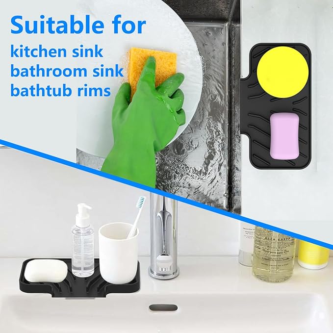 Sponge Holder for Kitchen Sink, Dish Sponge Holder & Soap Tray with Drain, Bathroom Sink Sponge Drying Rack & Perfect Organizer for Dispenser,Bottle,Cup on Sinks or Counter(8"x 4"Black)
