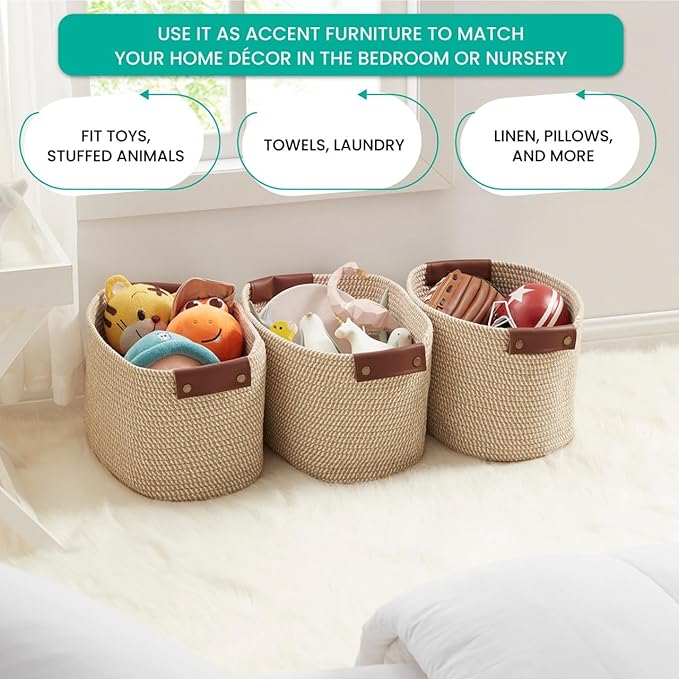 3 Pack Cotton Rope Storage Basket Woven Shelf Bin with Faux Leather Handles, Decorative Closet Shelf Woven Basket for Organizers, 15 x 10 x 9, Multi-Brown