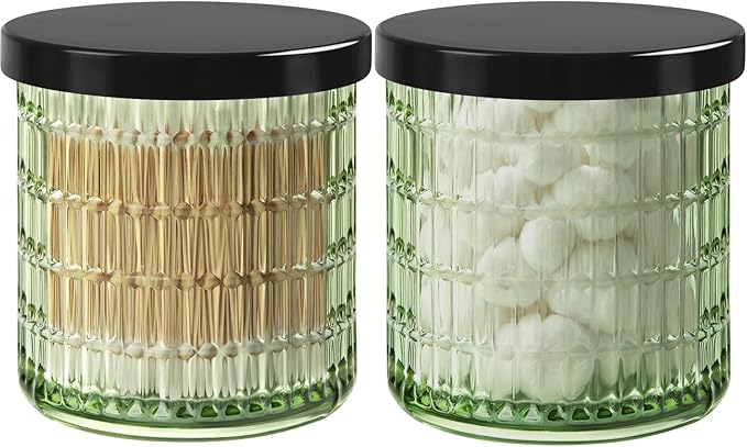Bathroom Storage Organizer - 2 Pack Glass Qtip Holder Dispenser, Vanity Organizer, Bathroom Essentials Decor Canister for Cotton Swabs, Cotton Balls, Pads, Floss Picks (Green)