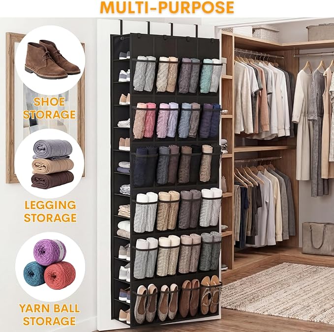Ofiray-home Over The Door Shoe Organizer, 50 Large Pockets Double-Sided Shoe Organizer for Closet Door, Hanging Shoe Storage Up to 50 Pairs, Mesh Front Pockets & Side Storage for Sneakers, Heels,Black