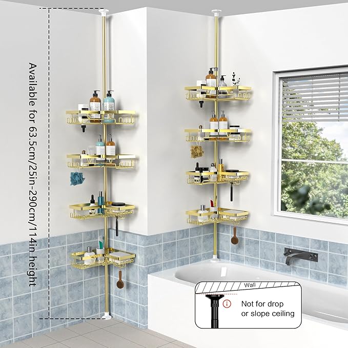 KEGII Corner Gold Shower Caddy Tension Pole - 4-Tier Rustproof Shower Rod Organizer, Floor to Ceiling Tension Rod 25-114.2 inch, Stainless Steel Corner Shower Shelf, Waterproof