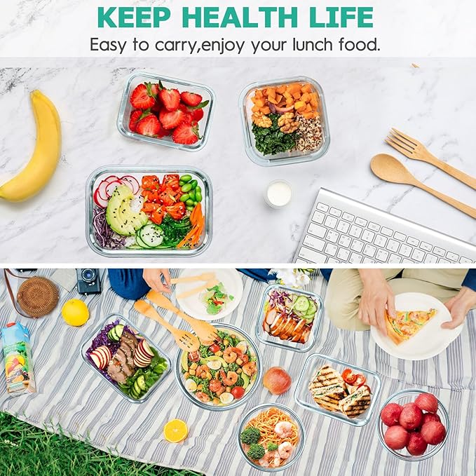 34pcs Glass Food Storage Containers with Lids Set, Airtight Glass Meal Prep Containers (17 Containers & 17 Lids), Leak Proof Lunch Container BPA-Free, Microwave, Oven, Freezer, Dishwasher Safe-Green
