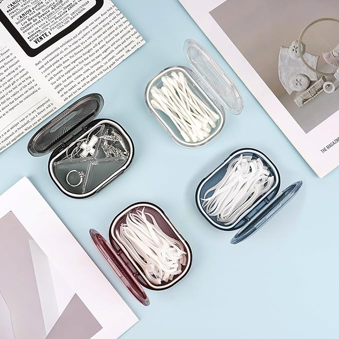 Adorila 2-Pack Travel Cotton Swab Case with Removable 4-Way Divider, Slim Hair Tie & Floss Pick Organizer for Toiletry Bag (Grey/White)