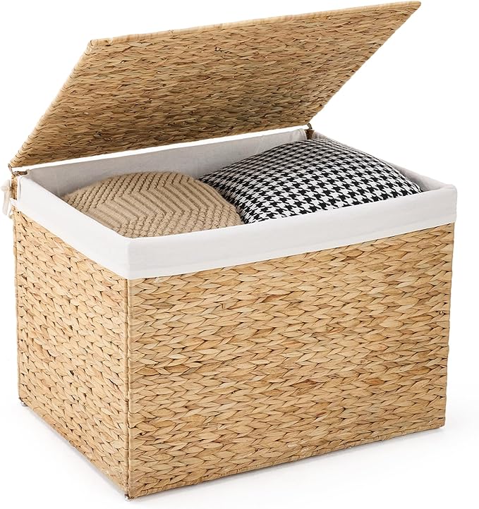 Water Hyacinth Storage Basket with Lid, 46.2 Gallon (175L) Wicker Shelf Basket with Removable Liner, Wicker Storage Basket for Blanket, for Livingroom, Bedroom, Natural