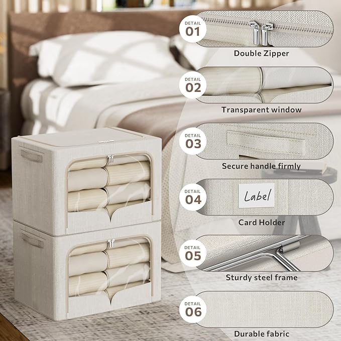 FHSQX 3 Pack Clothes Storage Bins Foldable Metal Frame Storage Box Extra Large Stackable Linen Fabric Organizer Set with Carrying Handles and Clear Window (Beige, 23.6x16.5x15.7inch(100L))