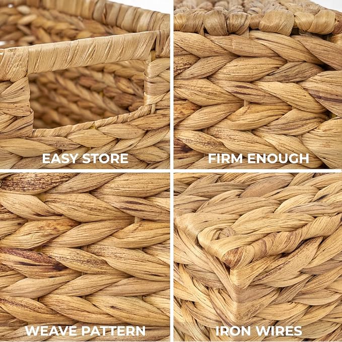 BARIEN Set of 6 Natural Water Hyacinth Woven Storage Baskets 12.6” x 8” x 7”, Rectangular Wicker Basket with Built-in Handles, Medium (Natural - Set of 6)