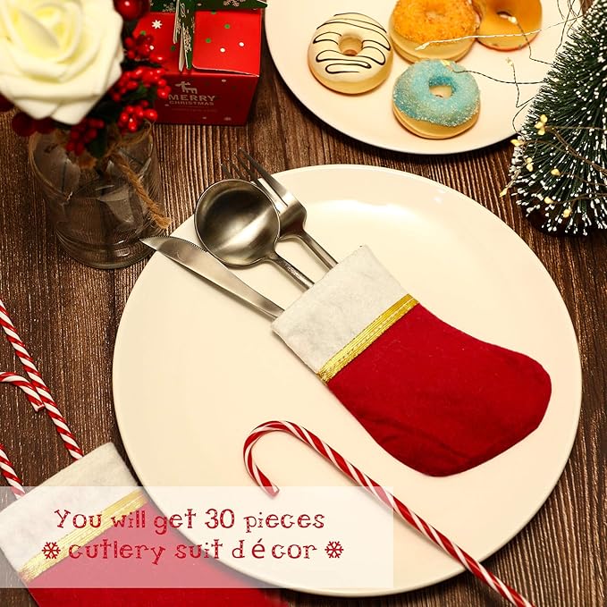 Patelai 30 Pcs Mini Stockings Christmas Bulk Dinner Table Decorations Mini Socks Silverware Holders Knife Spoon Fork Storage for Christmas Table Party Decor(Novel Style)