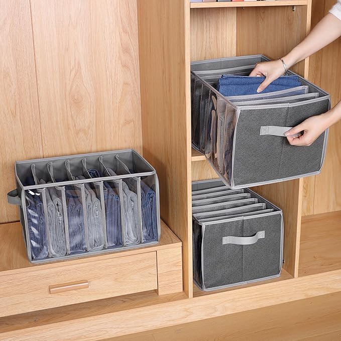 Zilink Upgraded Wardrobe Clothes Organizer with Support Board Clear Jean Organizer for Closet with 7 Grids Pants Organizer for Closet Shelf for Jean Pant Sweater Legging T-Shirt, 3 Pack