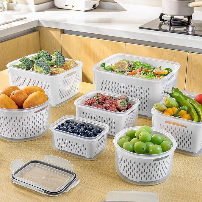 5 PCS Fruit storage Containers for Fridge with Removable Colander and Chopper Set, Leakproof Food Storage Containers with lids, Dishwasher & Microwave Safe Produce Containers to Keep Fruits Fresh 
