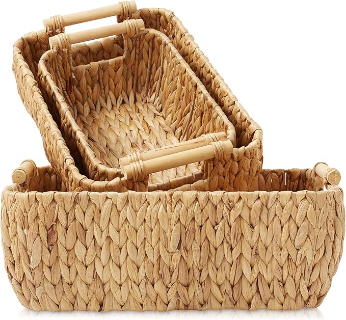 Casafield Set of 3 Water Hyacinth Oval Storage Baskets with Wooden Handles - Small, Medium, Large - Woven Nesting Basket Organizers