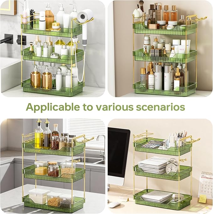 Bathroom Counter Organizer with Hair Dryer Holder and Toothbrush Holder, Acrylic Vanity Tray for Skincare, Perfume, Makeup Storage on Countertop & Dresser (Green, 3-Tier)