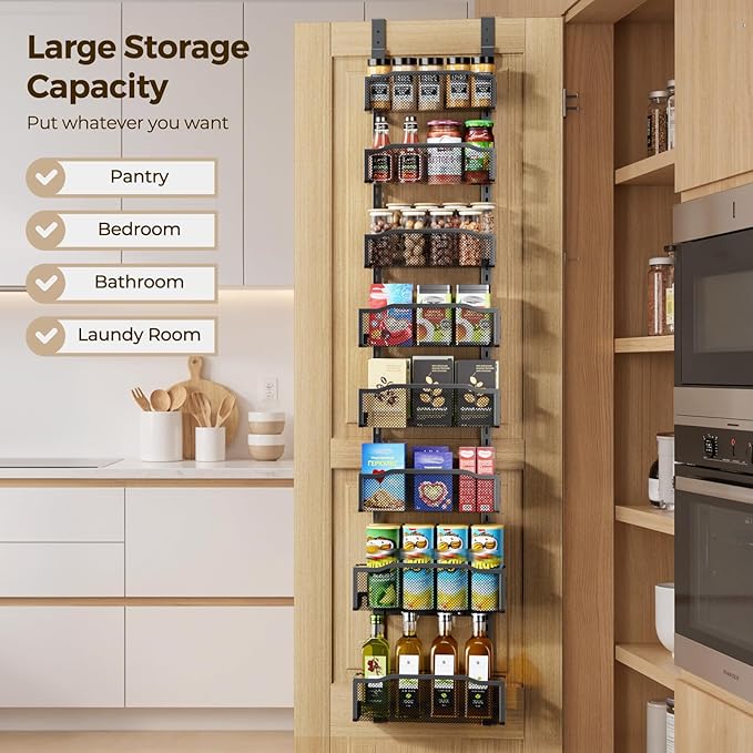 Delamu 8 Tier Over the Door Pantry Organizer, 2in1 Hanging or Wall Mount Spice Rack Seasoning, Adjustable Heavy-Duty Narrow Pantry Door Organizer and Storage for Kitchen Cabinet and Bathroom,12" Black