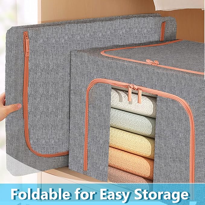Linen Clothes Storage Bags, Sturdy Closet Organizers and Storage Bin with Hold Shape Metal Frame, 2 Opening Ways Fabric Visible Lidded Storage Box for Organizing Clothing,Bedding (2 Pack, 24L)