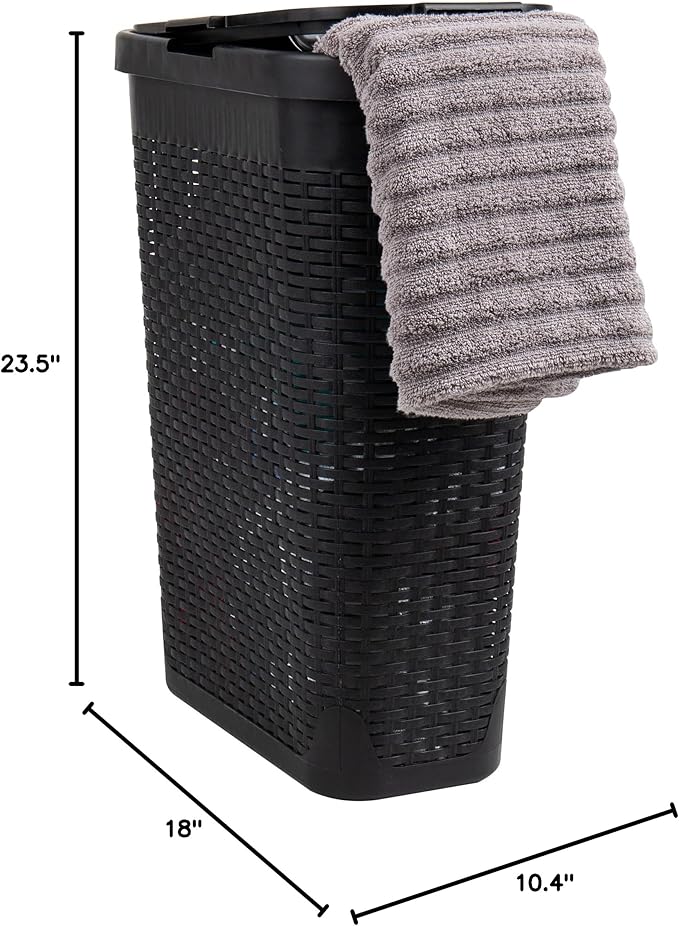Mind Reader Slim Laundry Hamper with Lid, 40L Clothes Basket, Narrow Tapered Design with Ventilated Cutout Pattern, Plastic, Black