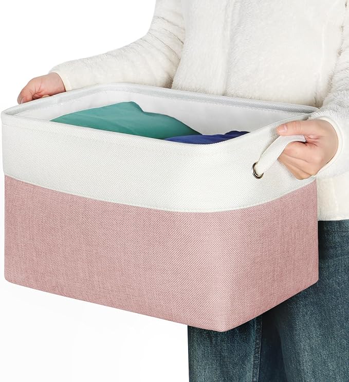 Foldable Storage Bin Collapsible Fabric Storage Basket Cube with Durable Handles Closet Organizer Bins for Organizing Shelves Drawers, Set of 3, 15" x 10" x 9.5", Pink