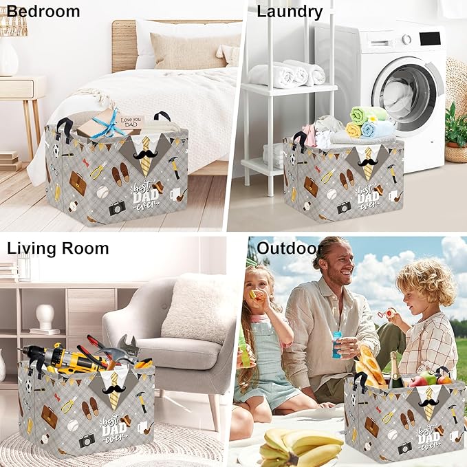 Clastyle Father’s Day Laundry Hamper Storage Basket Dad Gift Box Collapsible Large Clothes Organizer Bin for Bedroom, Grey, 40*30*30 cm