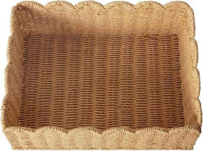 Scalloped Basket, Wicker Storage Baskets, Hand Woven Baskets for Shelves,Natural Baskets for Organizing (M-14" L x 10.5" W x 6" H)