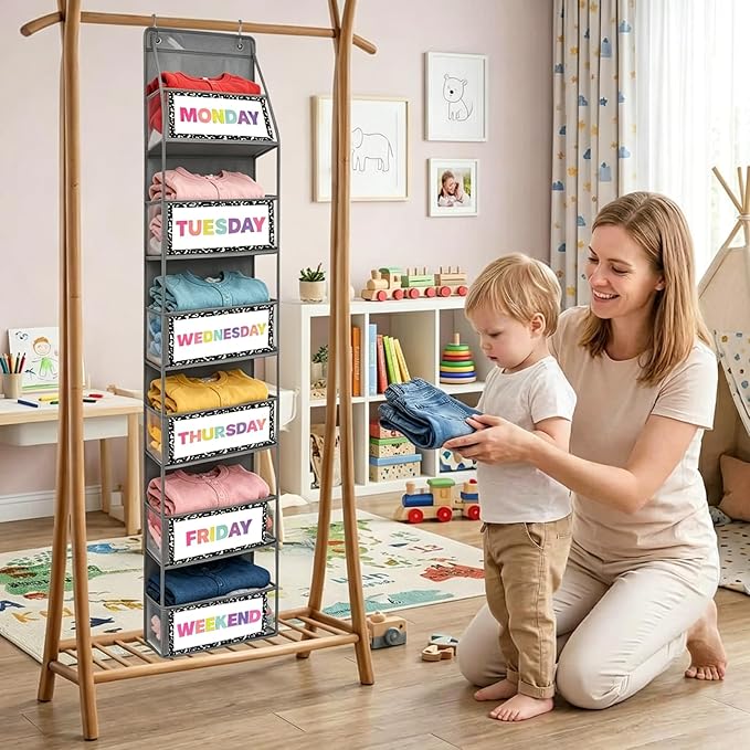 2 Pcs 6-Shelf Weekly Clothes Organizer for Kids Daily Hanging Closet Organizer with 2 Sets Week Day Stickers Foldable Days of The Week Behind Door Hanging Storage Shelves