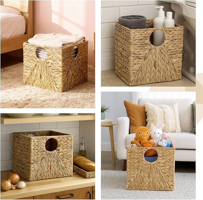 Jinei 6 Pcs Wicker Storage Basket Bulk 12 x 12 x 12 Inch Handwoven Water Hyacinth Cube Bin with Handles Woven Laundry for Organizer Shelves Wood Color