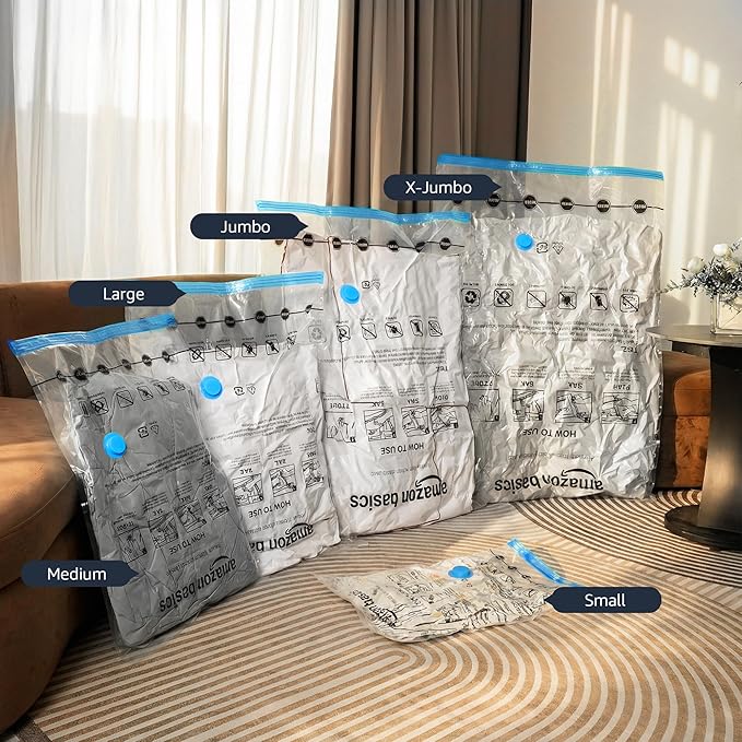 Amazon Basics Vacuum Storage Bags for Clothing, Multiple Sizes Compression Zipper Bags with Hand Pump for Space Saving and Travel, 6-Pack (2 Medium, 2 Large, 2 Jumbo), Transparent