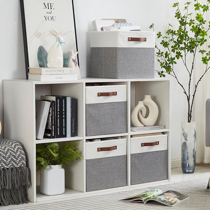 Bagnizer 13x15x13 Storage Cube Bins, Foldable Storage Organizer Baskets, Fabric Cube Storage Boxes with 2 Reinforced PU Handles for Kallax, Shelves, Living Room | 4 Pack, Gray & White