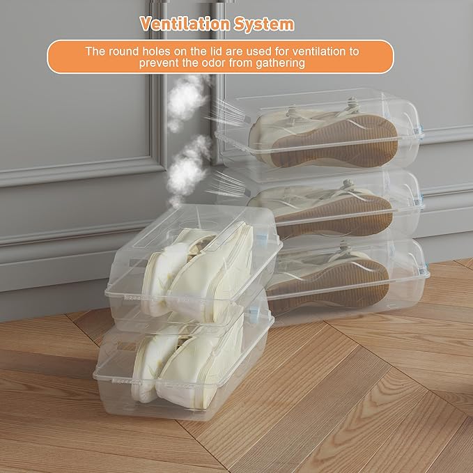 Shoe Organizer for Closet, 4 Pack Plastic Shoe Storage Boxes, Space Saving Stackable Shoe Storage Bins, Sneaker Storage Containers with Clear Lids for Display, Blue