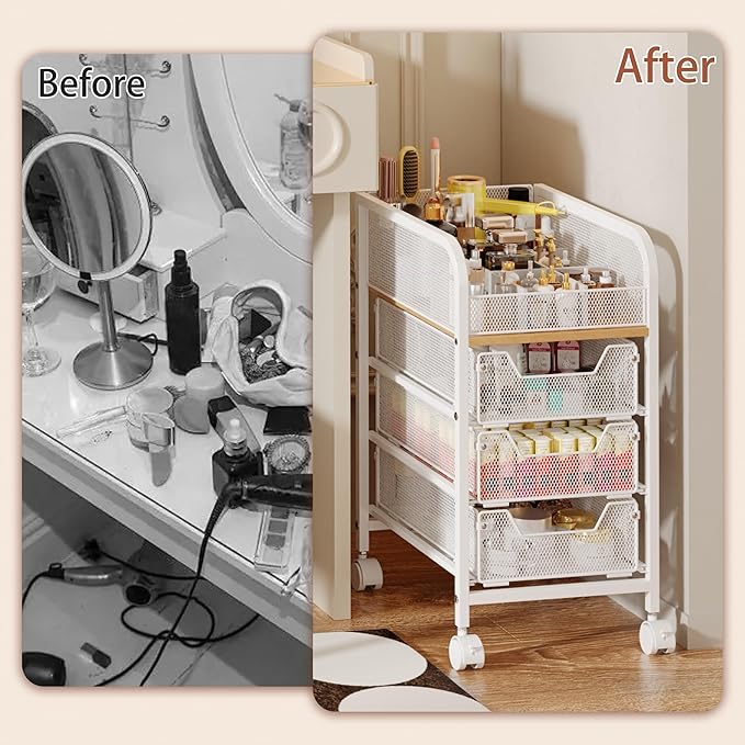 Rolling Makeup Cart Organizer with 3 Drawers, 4-Tier Narrow Floor Skincare Organizers with dividers, Vanity Organizer Cosmetics Display Cases for Makeup Brush, Hair Tool, White