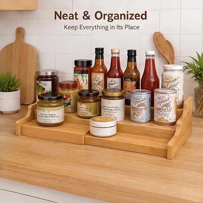 Expandable 3-Tier Bamboo Can Rack Organizer for Pantry, Adjustable Kitchen Cabinet Storage Shelf, Holds Up to 24 Cans, Natural Elegance
