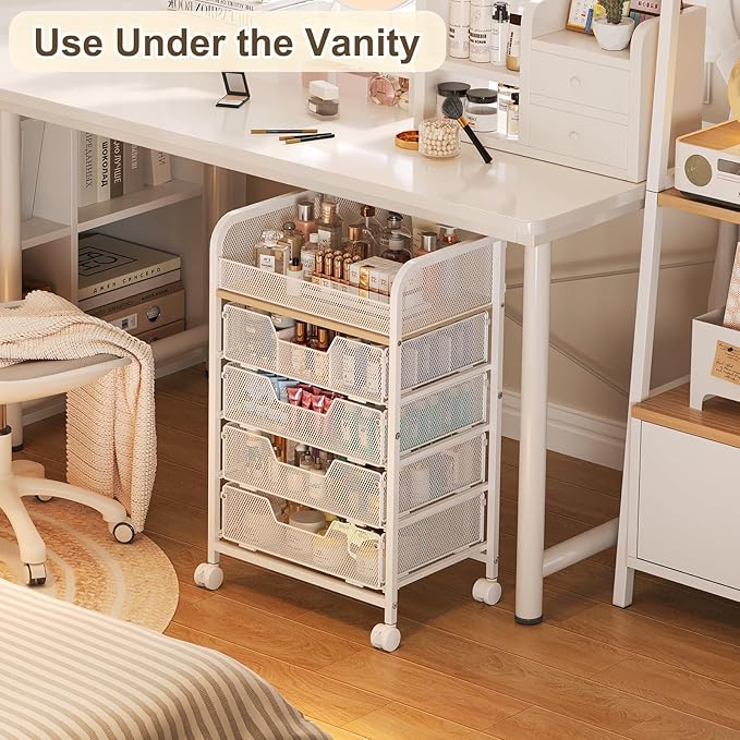 Hongtamoya Makeup Cart Organizer with 4 Drawers, Large Floor Skincare Organizers, Vanity Storage Organizer Cosmetics Display Cases for Skin Care Perfume Nail Polish, White