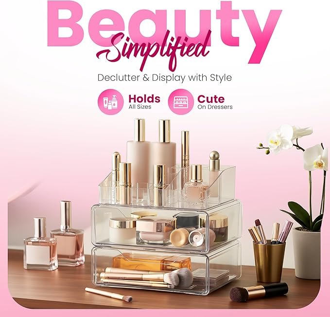 Masirs Clear Acrylic Makeup Organizer with Drawers – Cosmetic Vanity Storage for Skincare, Hair Accessories, Jewelry, Perfume – Durable Countertop Bathroom Organizer