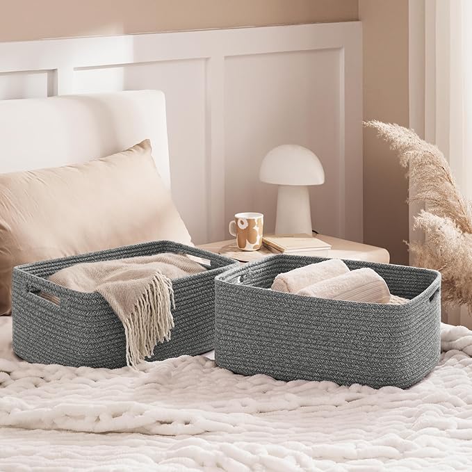 UBBCARE 2 Pack Storage Baskets for Shelves, Large Woven Storage Baskets, Dog Toy Bins, Baskets for Organizing Clothes, Towels, Books, Blanket, 17"L x 13"W x 7.5"H, Grey