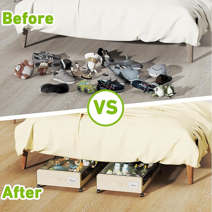 Tututry Under Bed Storage with Wheels, XXL 60L Under the Bed Storage Bins, Underbed Storage Containers with Lids & Label, Rolling Metal Drawer for Shoes, Clothes, Books, Toys (4-Pack Beige)