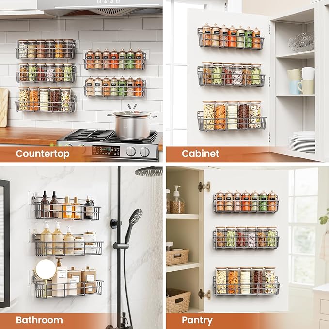 Mystozer 5 Pack Spice Rack Seasoning Organizer Wall Mount, Spice Storage Spice Rack Organizer Pantry Door Organizer Screw or Adhesive Hanging Shelf Basket Spice Organizer Shelf for Kitchen (Gray)