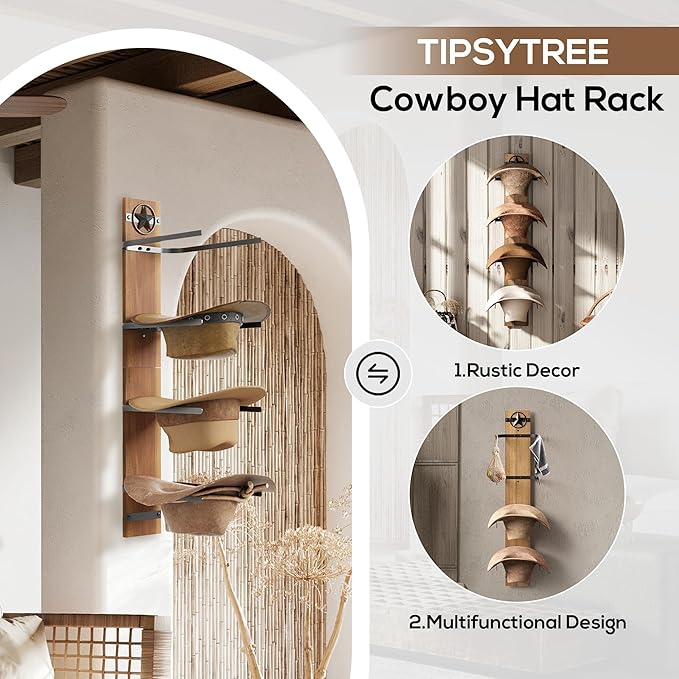 Hat Holder Rustic Wood Star Design – 2-Piece Organizer with Extra Wide Wooden Boards (12cm / 4.72"), 4-Hook Cowboy Hat Rack for Wall, Western Decor, Hat Storage Display Hanger