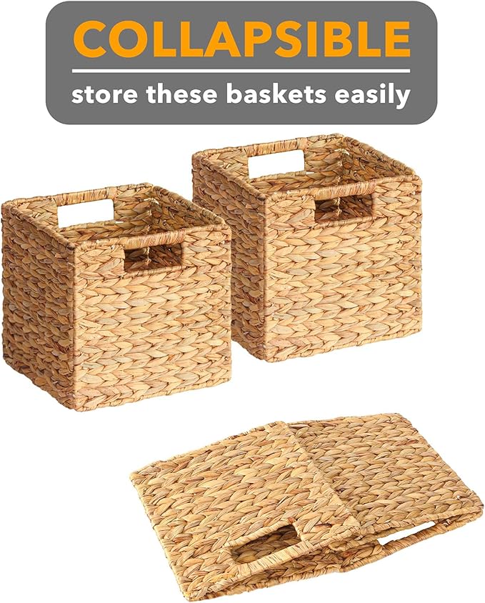 SpaceAid 4 Pack Wicker Basket, Storage Baskets for Organizing, Woven Rattan Basket with Handles for Shelves, Water Hyacinth Large Cube Organizer Storage Bin, 10.5x10.5x10.5 inch, Natural