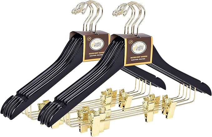 Quality Wooden Skirt Hangers with Clips, 10-Pack Smooth Solid Wood Pants Hangers with Durable Adjustable Metal Clips, Swivel Hook, Coat, Jacket, Blouse Suit Hangers (Black - Gold Hook, 10)