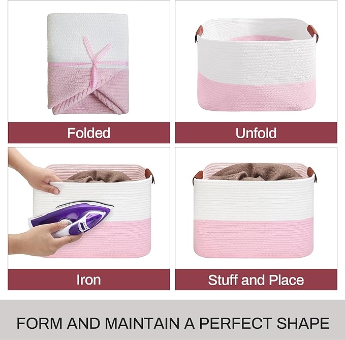 Large Cotton Rope Storage Basket with Leather Handles, Laundry Hamper Basket, 20 "L x 14" W x 12 "H, Durable & Stylish Organizer for Home.(Large Pink)